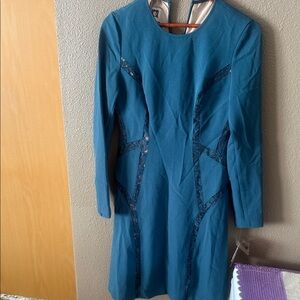 Anne Klein Teal Long-Sleeve Sheath Dress with Lace Panels